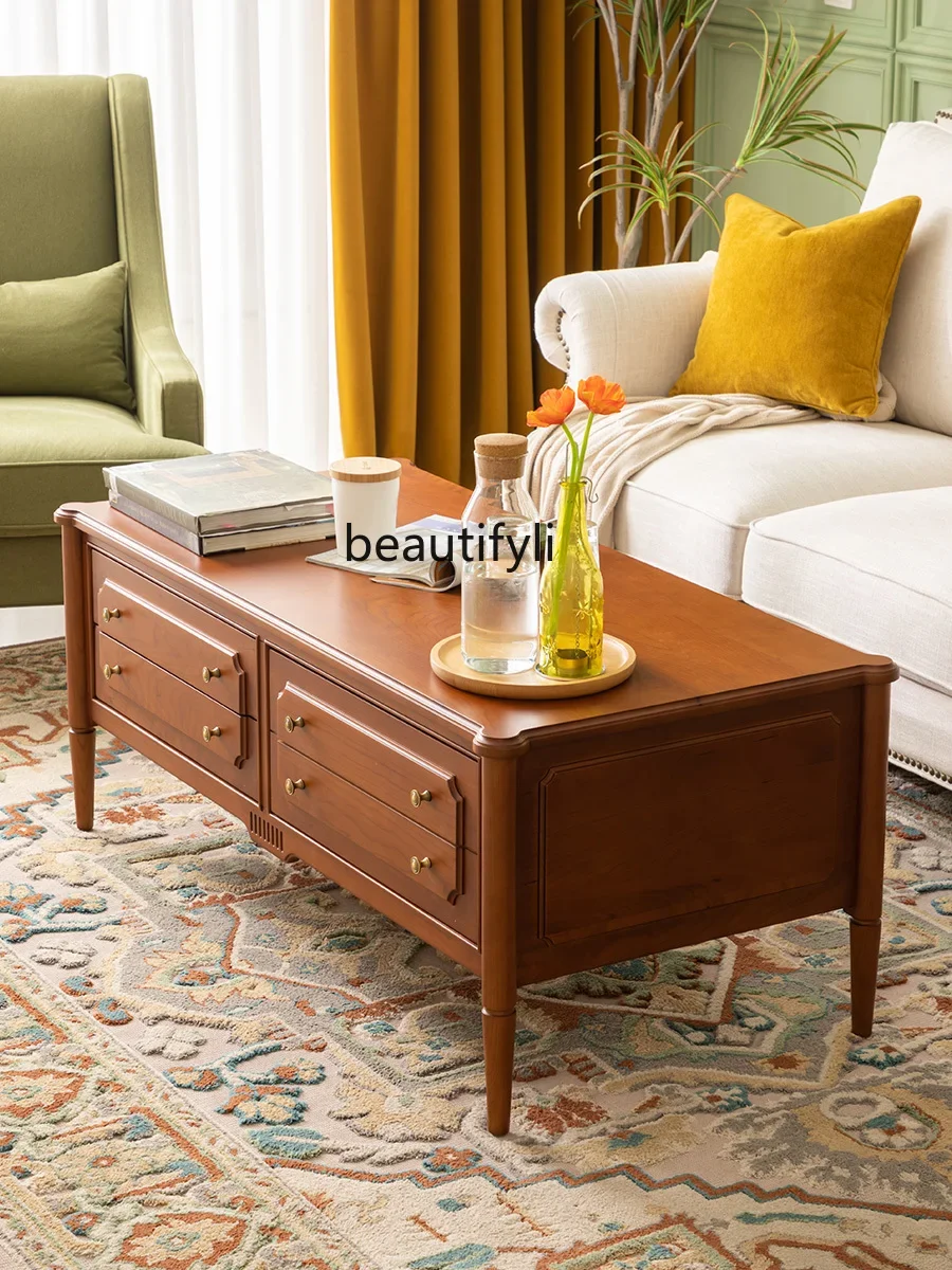 

A15 Retro Solid Wood Coffee Table Log Style French Style Low Table Small Apartment Living Room Log Cherrywood Square Table