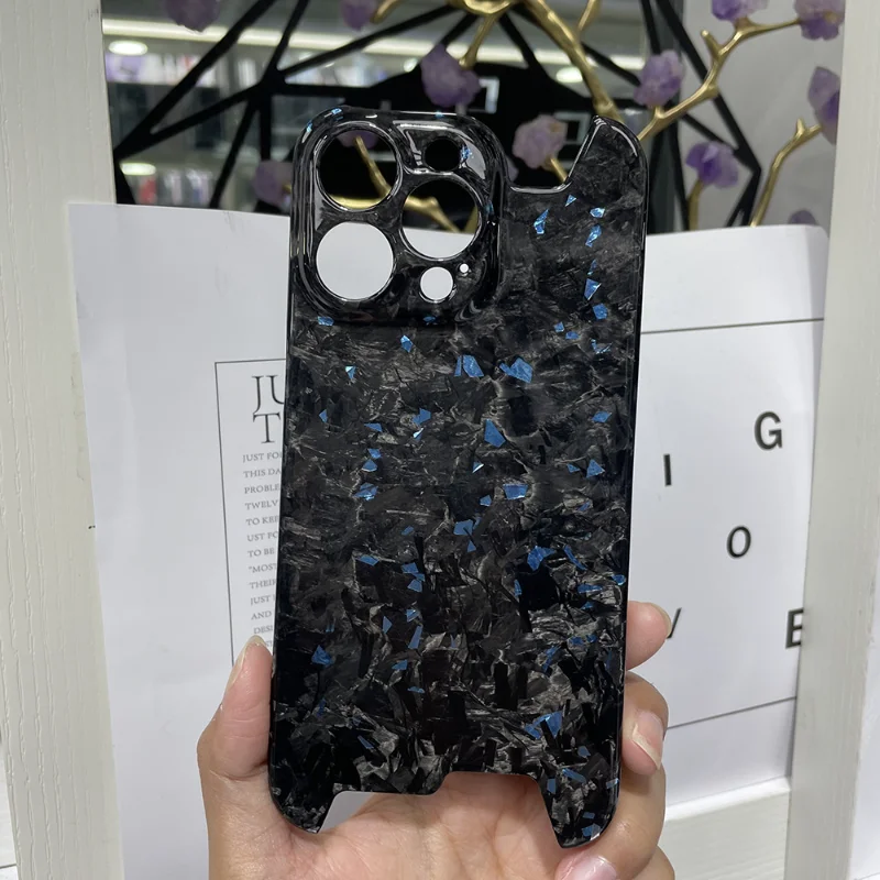 Real Glossy Forged Ultra Light Full Carbon Fiber Case for IPhone 14/15/16Promax Glitter Bling Irregular Shockproof Case view 3