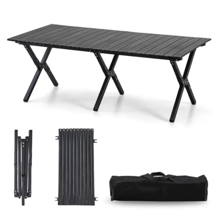 

Roll-Up Camping Table Black Aluminum Low Folding Table for Outdoor Picnic BBQ Backyard Beach Easy Carrying in Bag-4FT