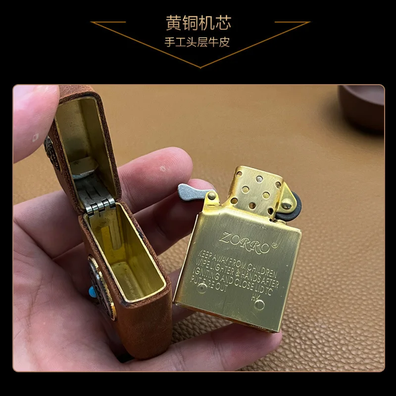 Zorro 902 Brass Version Handmade Cowhide Inlaid Yellow God of Wealth Rotating Eight Treasures Kerosiene Lighter Holiday Gift