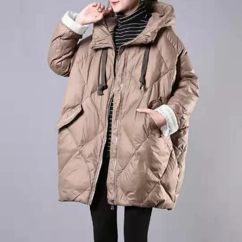 Fashionable Loose Fitting Parka for Women's Korean Winter Mid Length Fluffy Hooded Pocket Quilted Solid Color Warm Jacket 2023