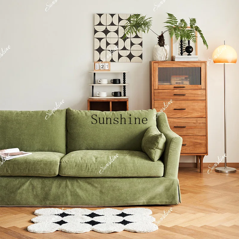 

Small apartment living room cream style modern minimalist straight row fabric linen three sofa FT