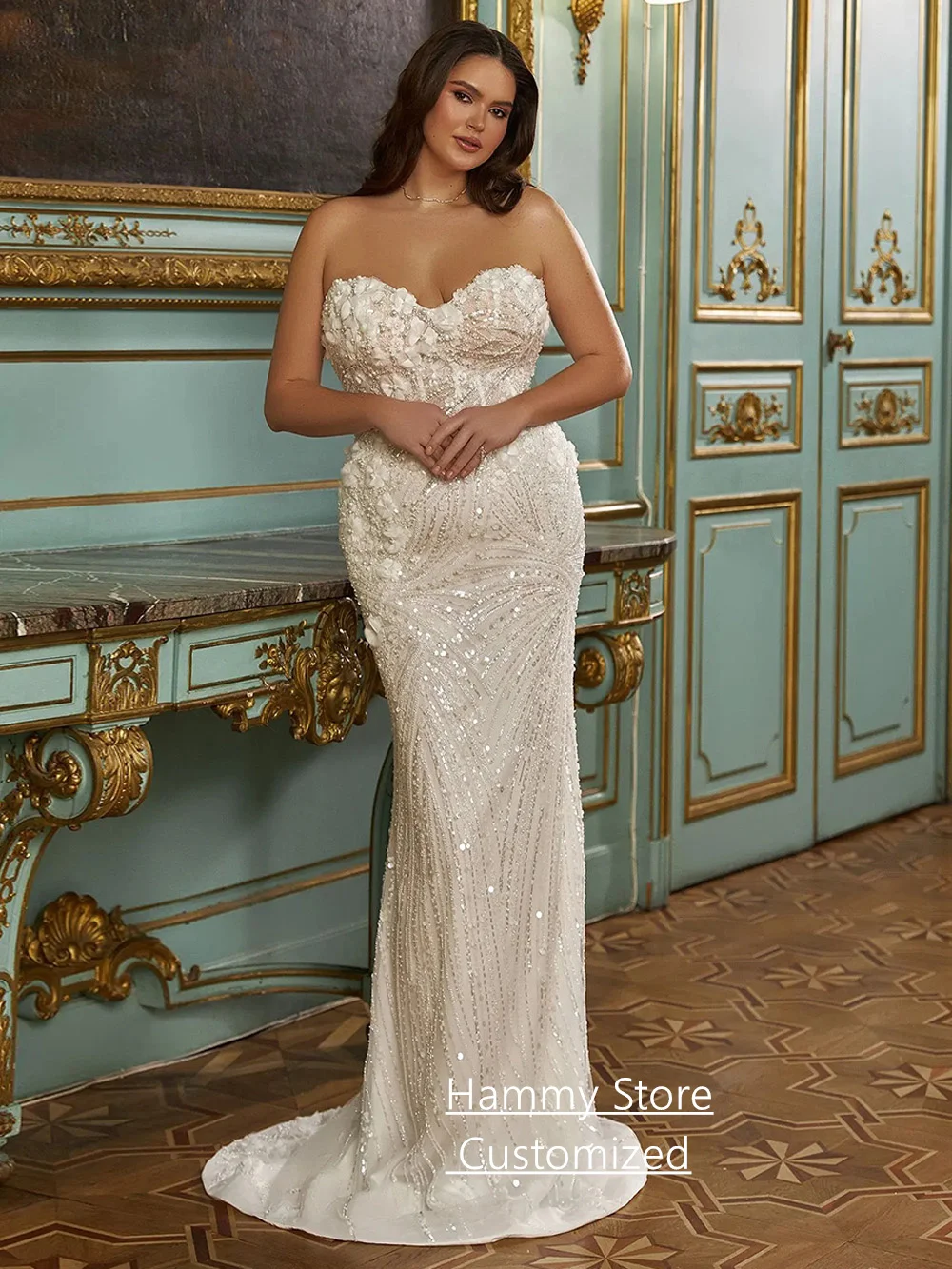 Robe de mariée scintillante grande taille, avec traîne détachable, personnalisée, épaules dénudées, chérie, perles, traîne de balayage, robe de mariée arabe