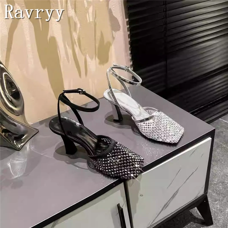 

Square Toe High Heels Women Sandals Mesh Hollow Outs Crystal Shoes Luxury Ankle Lace Up Summer Thin Heels Sandals