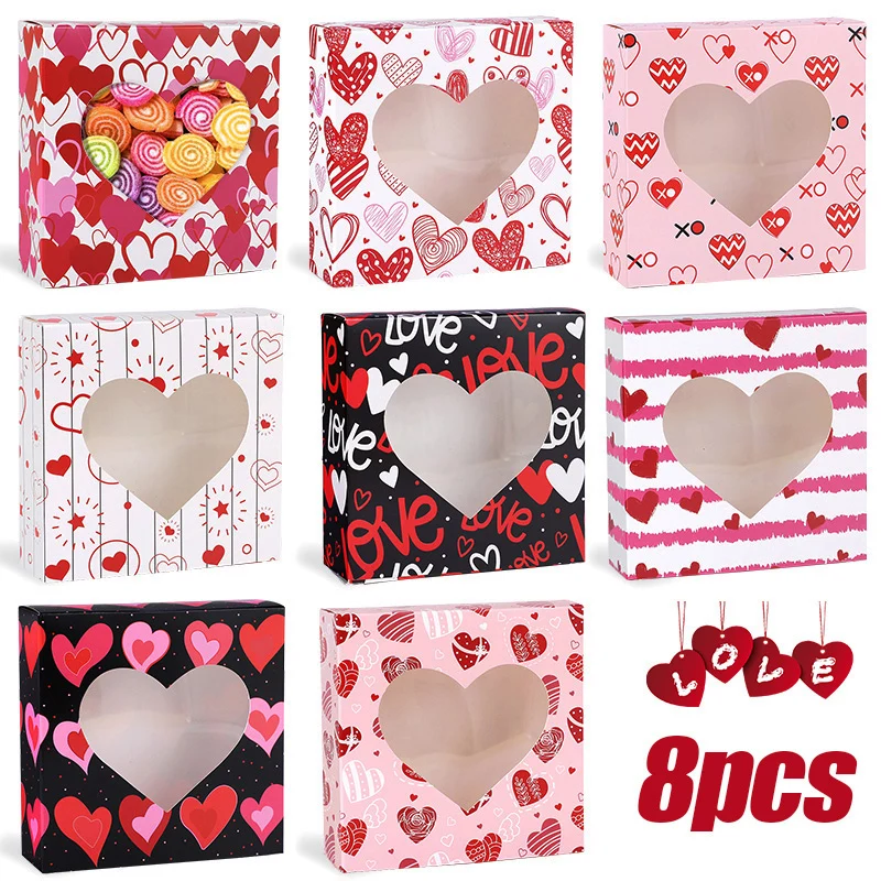 

8 PCS Valentines Day Candy Gift Box Love Heart Cookie Baking Packing Paper Box with Window Wedding Birthday Party Decor Supplies