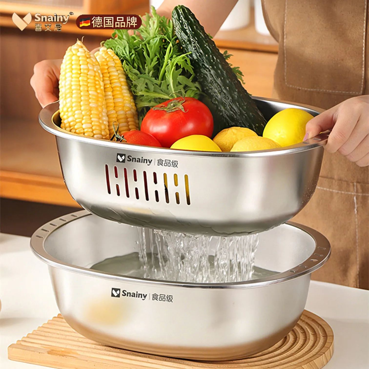 Snainy 34X25X11cm Stainless Steel Kitchen Colander and Bowl Set Ultrasonic Polishing Washing and Draining Vegetable Kitchenware