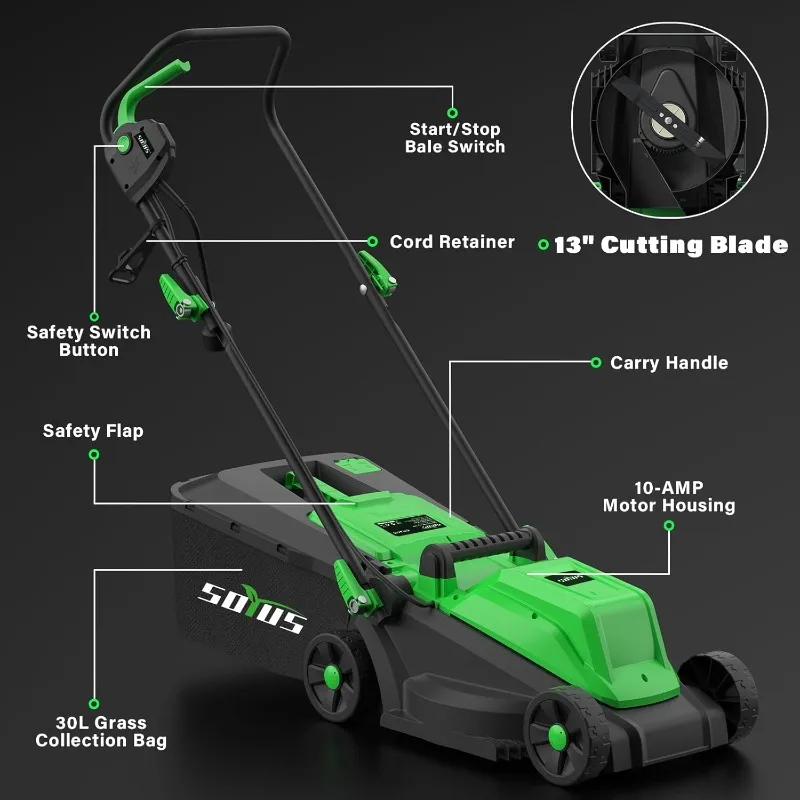 Electric Lawn Mower Corded, 13 Inch 11-Amp Lawn Mowers with 8 Gallon Collection Bag, 3-Position Cutting Height Adjustment