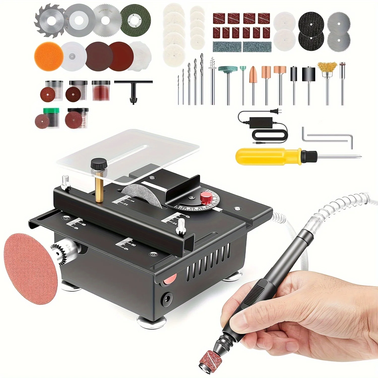 

Compact Table Saw, Versatile And Portable, Suitable for Cutting, Sanding, Engraving, And Drilling, All-In-One Precision Manual Table Saw with 7 Speed Settings. Comes with Various Blades And Additions. an Ideal Gift for Men