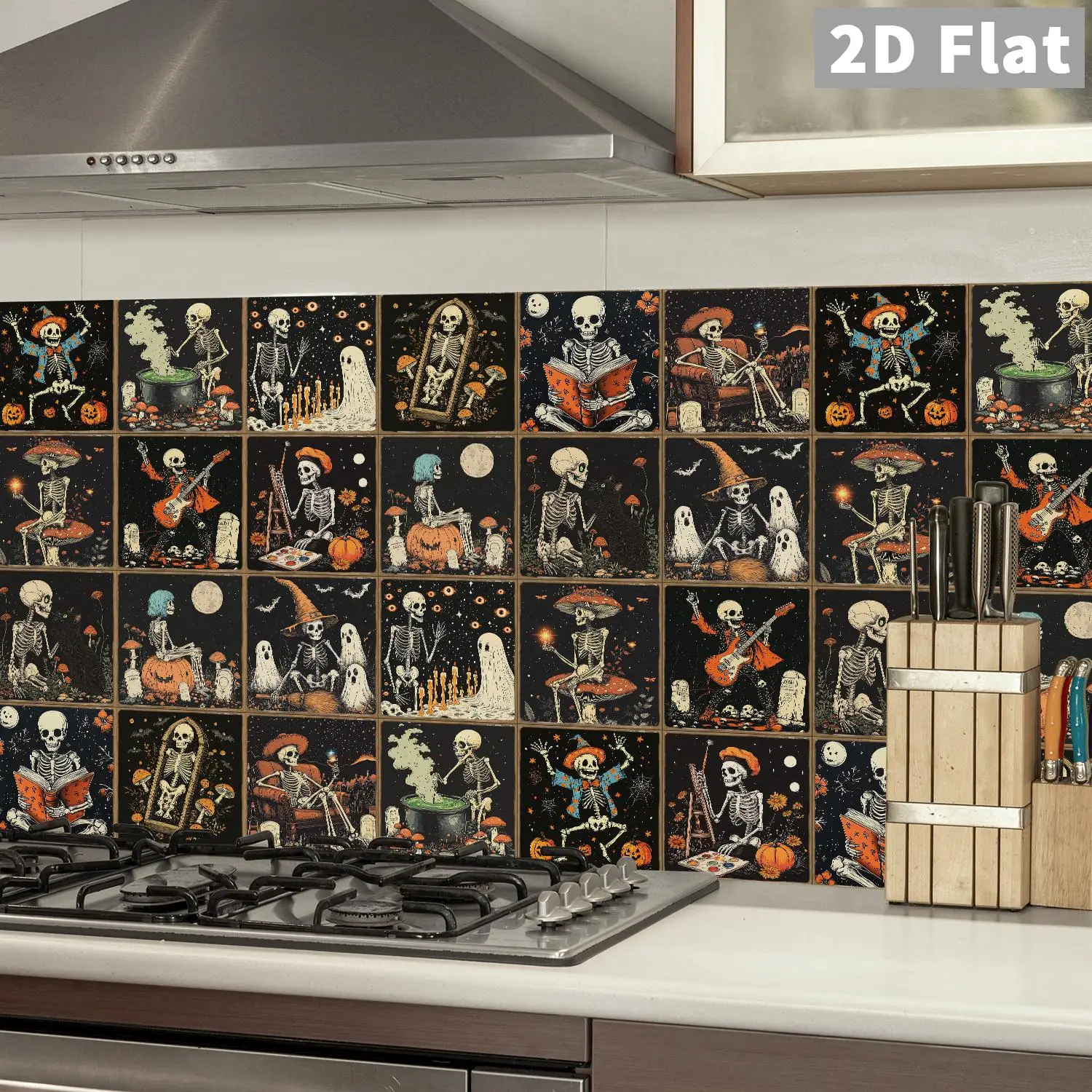 

Retro Dark Halloween Skeleton Element Ceramic Tile Stickers Bathroom Kitchen Living Room Self Adhesive Decorative Stickers