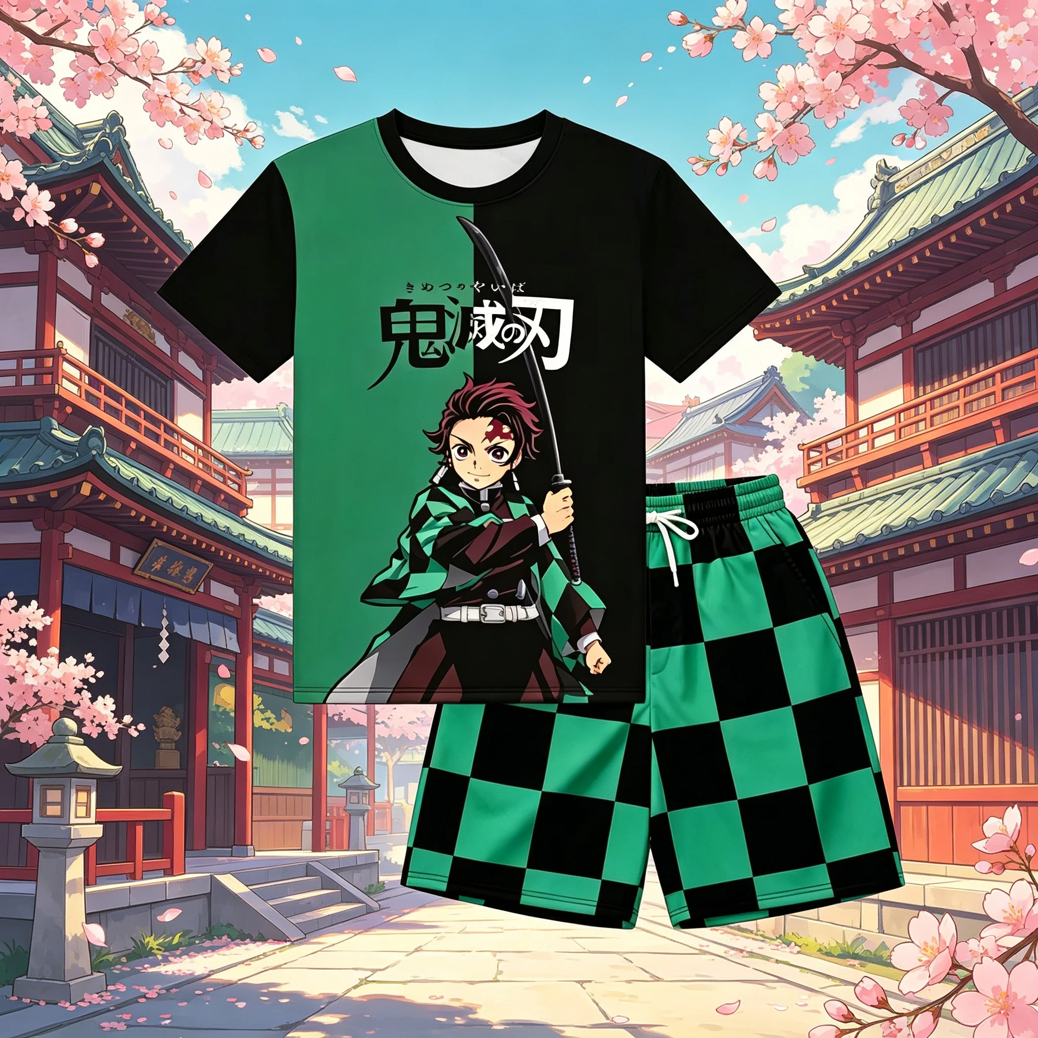 Anime Demon Slayer Tanjiro Bedrucktes Kurzarm-T-Shirt und Shorts Pyjama-Set Unisex Kinder und Erwachsene Täglicher Haus-Schlafanzug