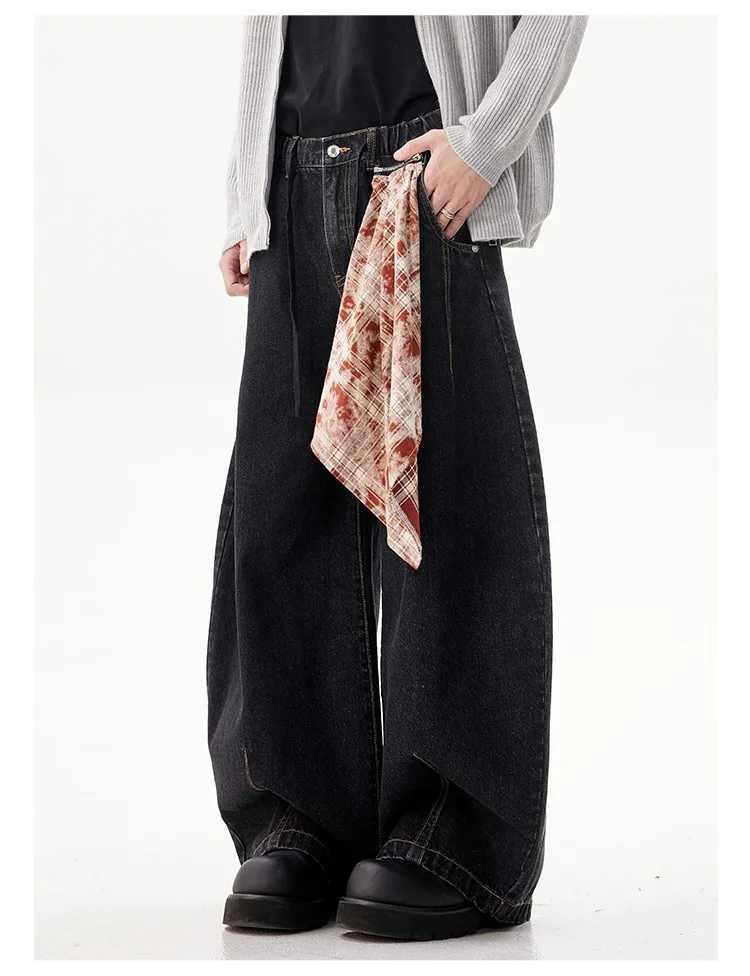 Y2K أنيقة منحني سكين السراويل النمط الأمريكي انفصال ساحة وشاح الجينز النساء المشاغبين وسيم كلينفيت واسعة الساق بنطلون