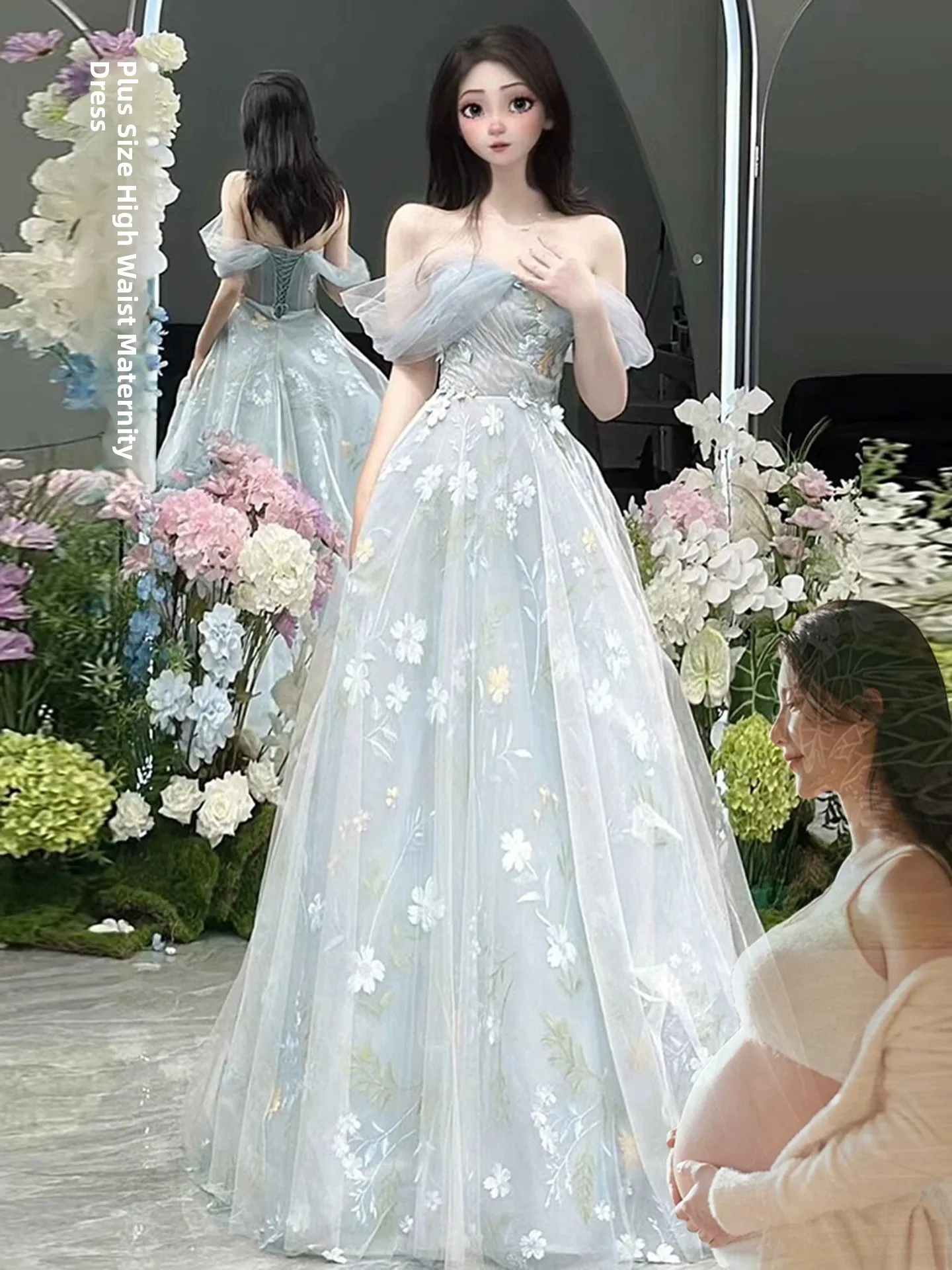 

Blue One-oulder Prom Dr Large Size Fluffy Skirt Engagement Birthday Par Host High Waist A-Line Long Evening Gown