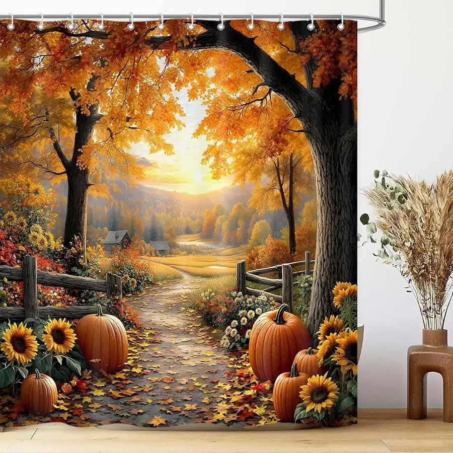 

Fall Shower Curtains for Bathroom, Pathway in The Woods Autumn Tree Pumpkin Har est Thanksgi ing Shower Curtain, Cloth Fabric Ba