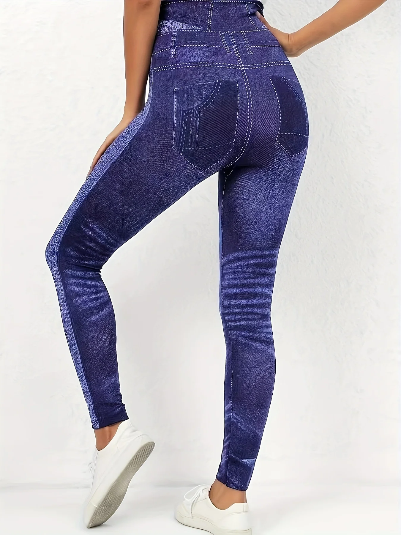 Plus Size Patchwork High Waisted Leggings Fashion Faux Denim Skinny Pants Calf Pants For Women