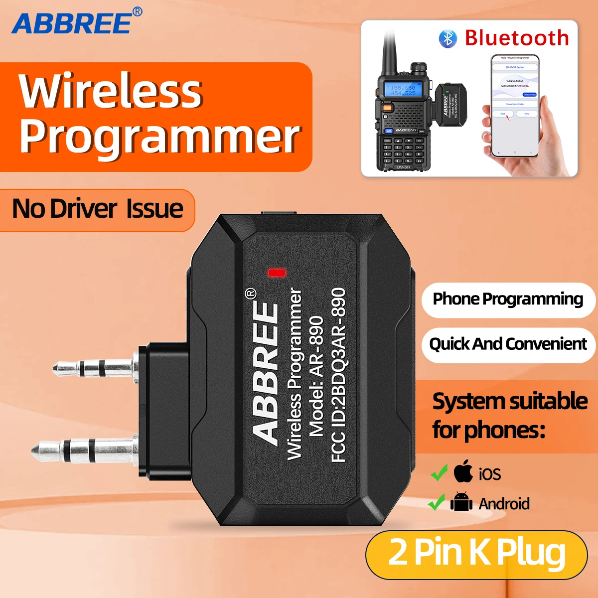 ABBREE Bluetooth Wireless Programmer Phone APP Programming for Baofeng Walkie Talkie UV-5R BF-888S UV-21 PRO V2 Quansheng UV-K5