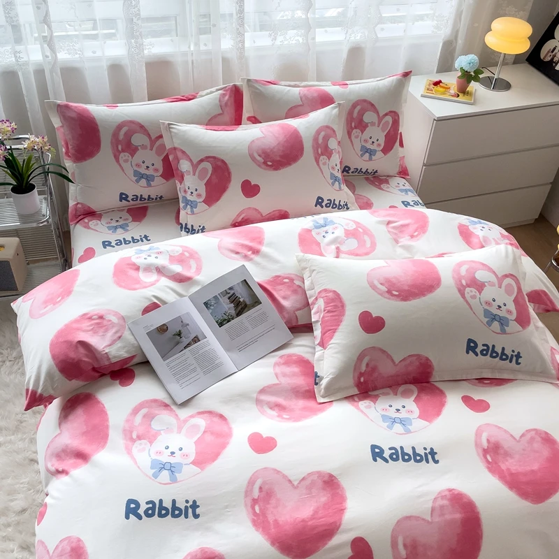 Cartoon Rabbit Red Love Heart Duvet Cover Set Queen Size Home Hotel Decorative Soft 100% Cotton Bedding Sets Comforter Cover Set