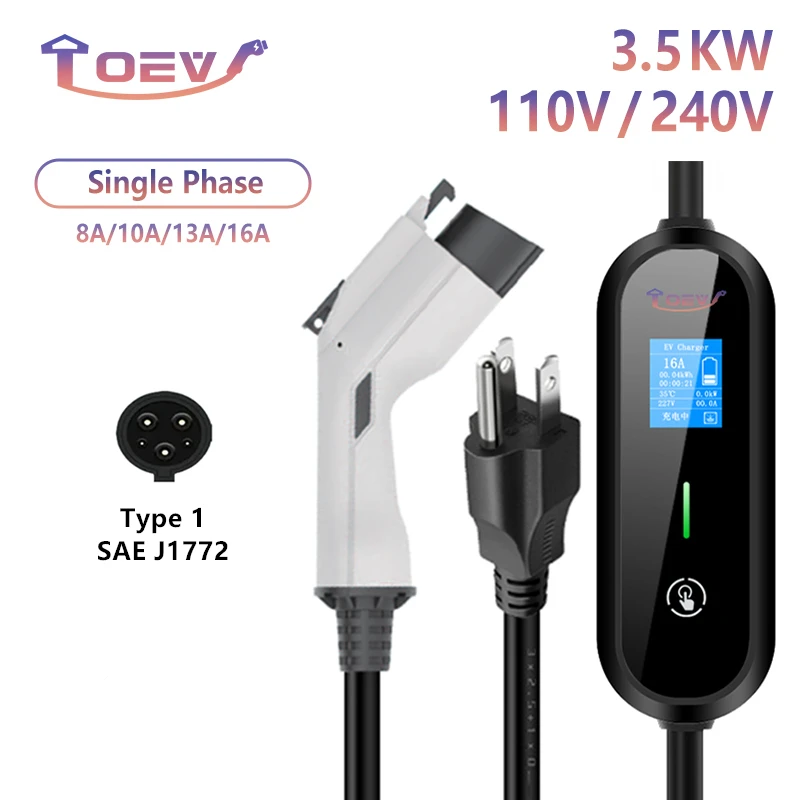 TOEV Portable EV Charger Type1 SAE J1772 16A EVSE Charging Cable Type 1 3.5KW US Plug Controller Wallbox for Electric Car