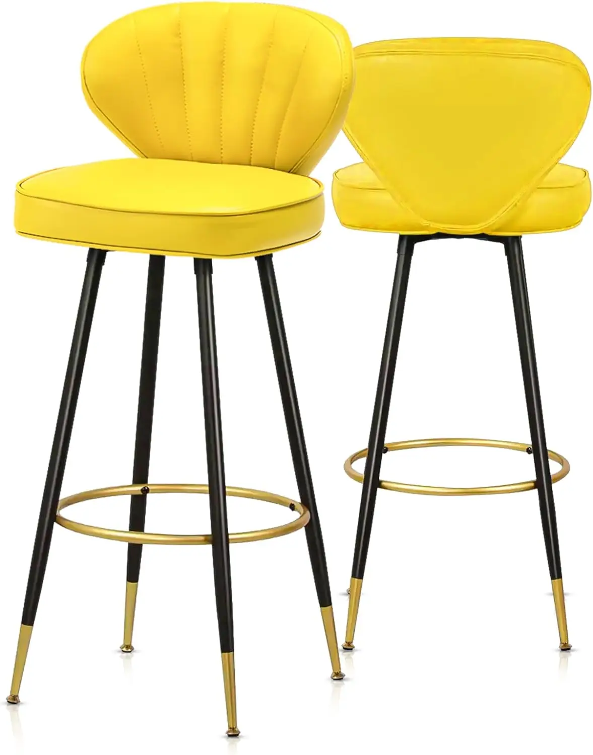 

Contemporary PU Leather Barstools Set, Set of 2, 30 Inch Yellow Counter Height Chairs with Gold Footrest, Armless Desi