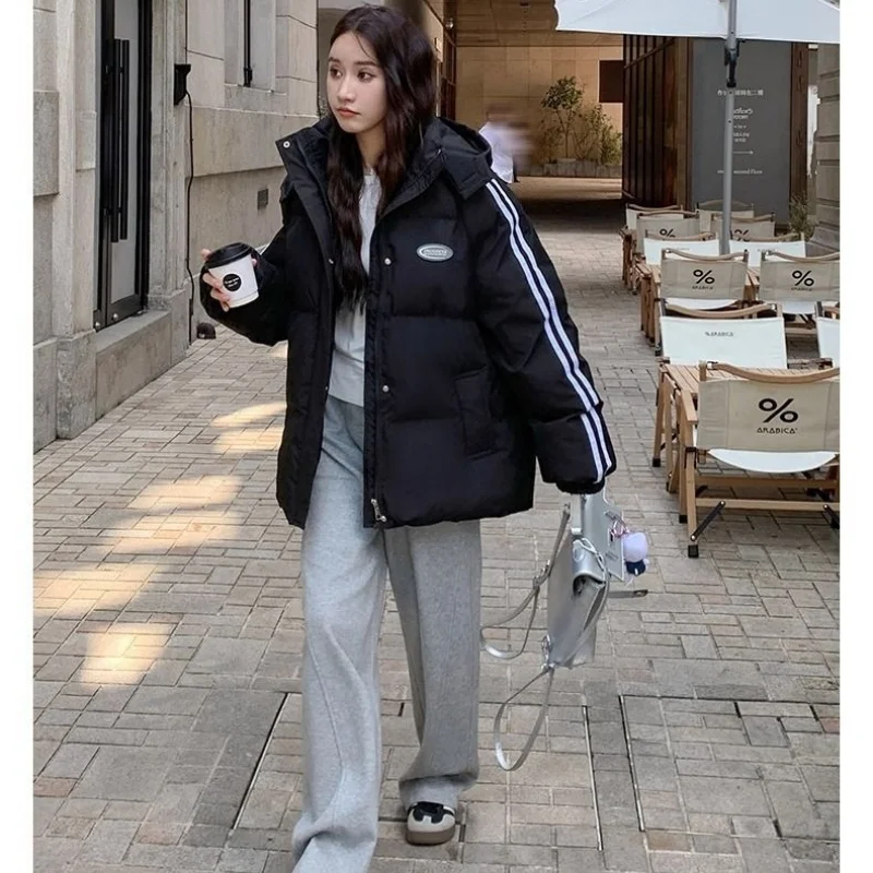 2026 Women Winter New Black Two‑Stripe Padded Cotton Coat Lady Korean‑Style Student Style Versatile Thick Outer Jacket