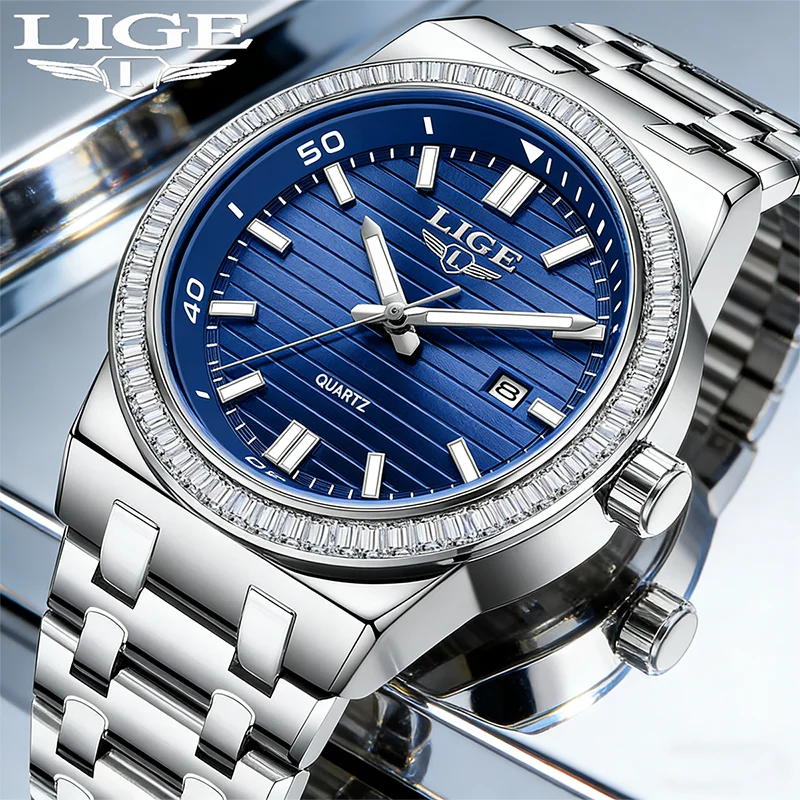 

LIGE Fashion Men Business Watches Luxury Rhinestone Waterproof Luminous Steel Band Male's Quartz Wristwatch Watch For Man Reloj