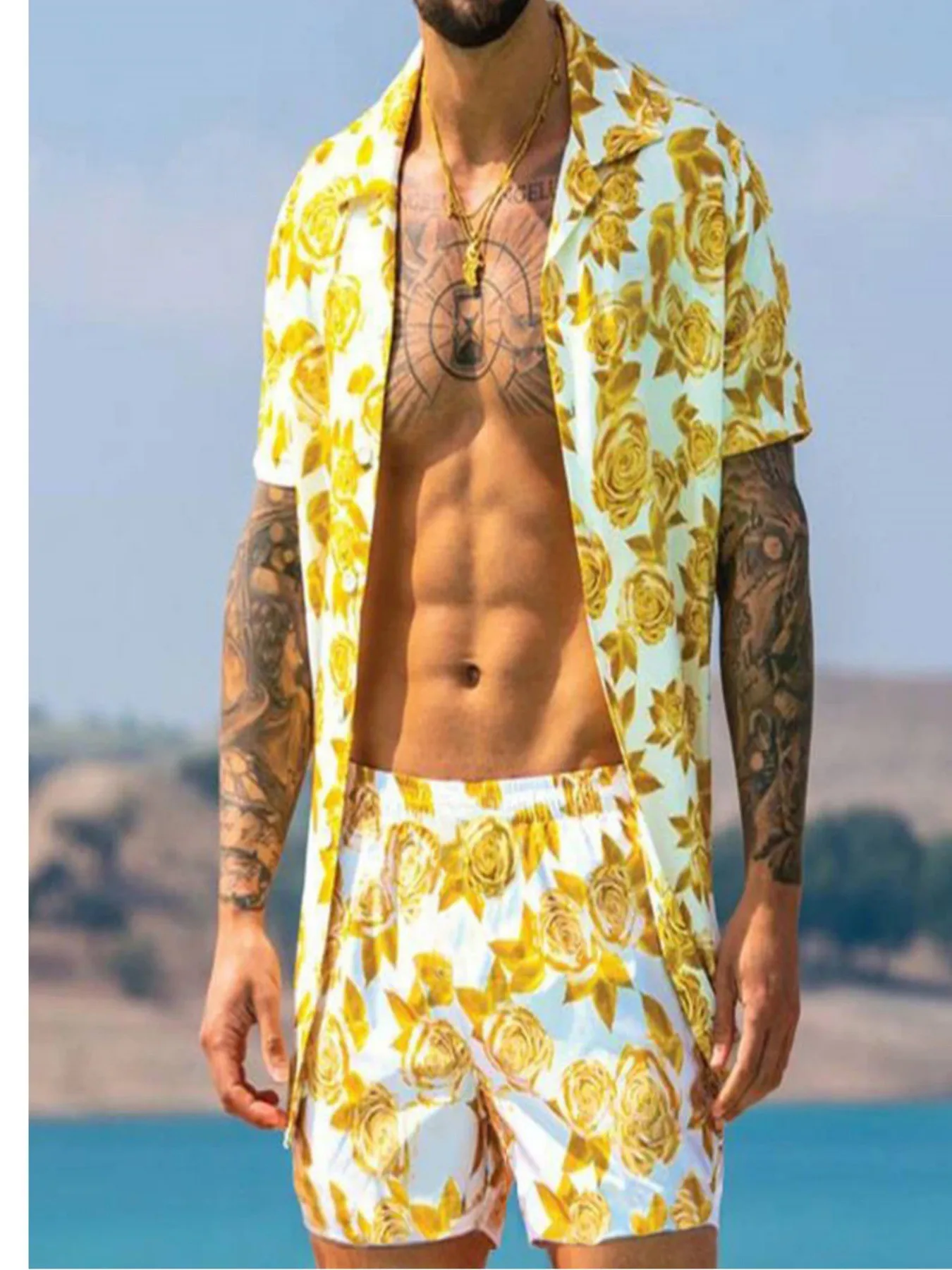 Men Fashion New Beach Set Short Sleeve Shirt Shorts 2PCS Casual Suit Summer Vacation Loose Breathable Seaside Daily Wear view 5