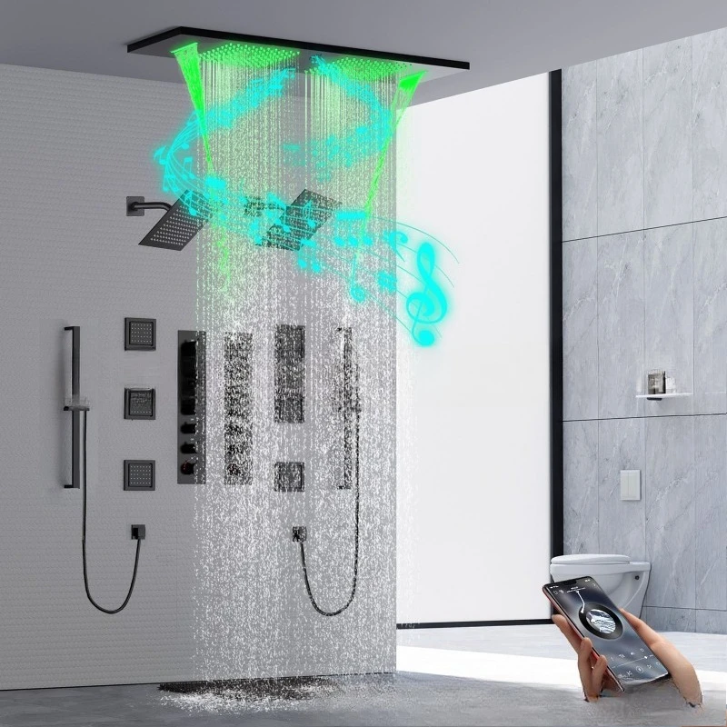 

Embedded 900 * 300mm LED Music Top Spray Bathroom Hotel Luxury Concealed Double Valve Body Shower Set