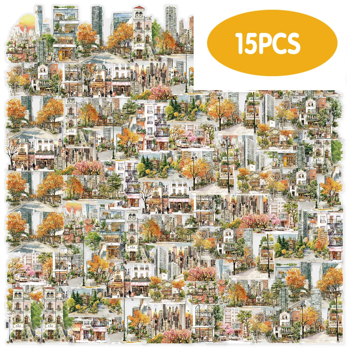 Etori Life 15 Stück Herbstturm-Reflexionen, Herbststadt, Hochhaus-Gebäude, Landschaft, Haustier-Aufkleber für Dekoration, handgefertigte Scrapbooking, Fotoalben, Reiseaufkleber, Heimdekoration,