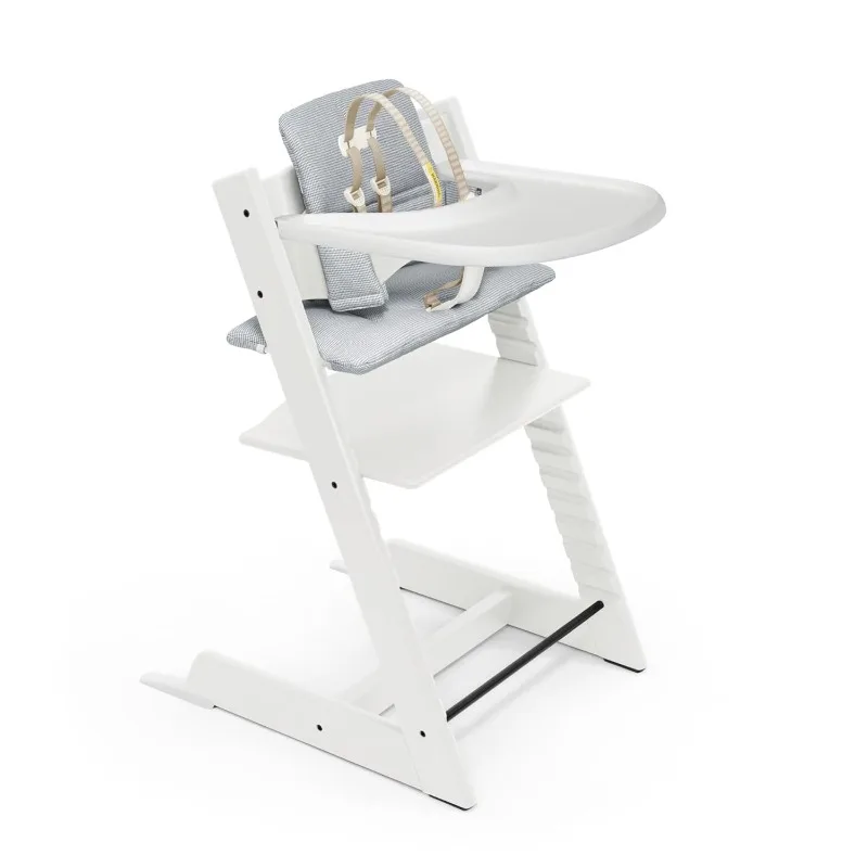 Tripp Trapp High Chair and Cushion with Stokke Tray - White with Nordic Blue - Adjustable, Convertible, All-in-One High Chair