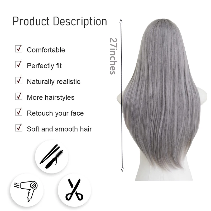 27 Inch Long Straight Wig Lavender Grey Lace Part Wig Natural Looking Heat Resistant Synthetic Wig For Women Daily Party Cosplay