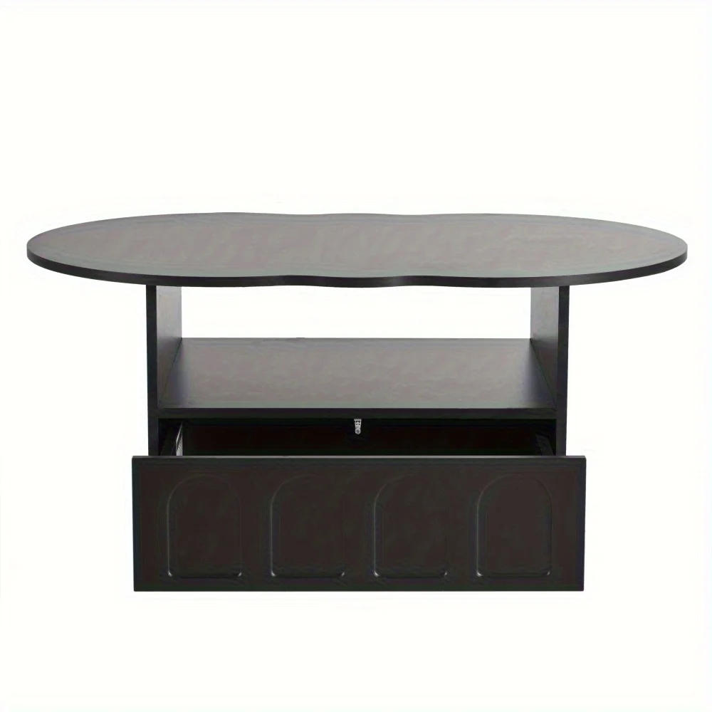 Mesa de centro irregular estilo creme com 2 gavetas, espaço de armazenamento, preto, minimalista, creme, moderno, minimalista