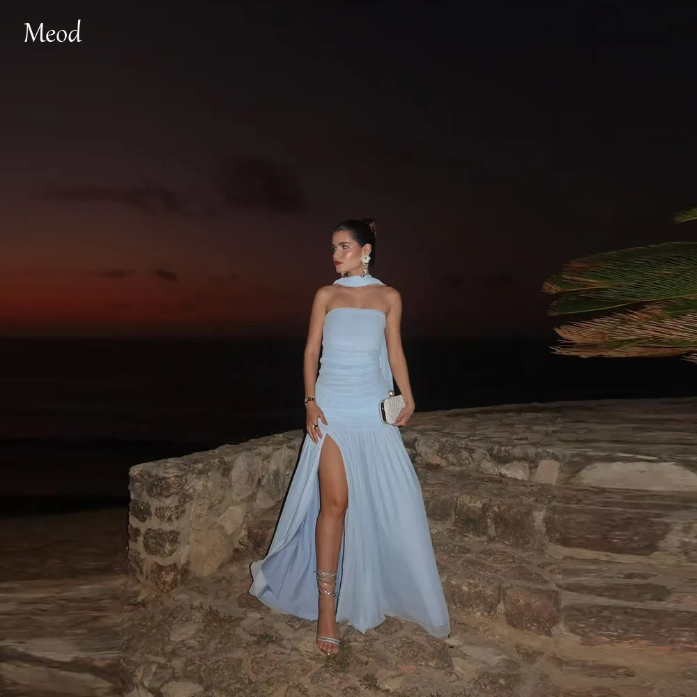 MEOD Baby Blue High Slit Graceful Evening Gowns Women's Mermaid Strapless Prom Dress Sleeveless Wedding Party Attire Customized
