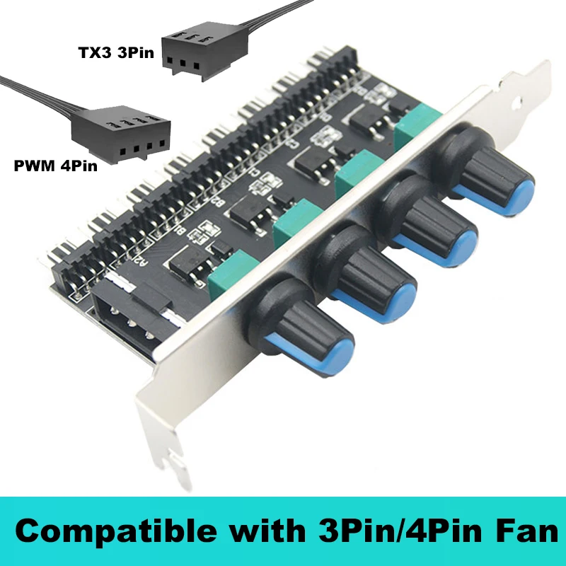 PCI Fan Speed Controller,12V Molex 4pin or SATA Powered 6 8 Fan Hub,PWM 4 pin CPU Radiator 3pin Case Cooler Temperature Control