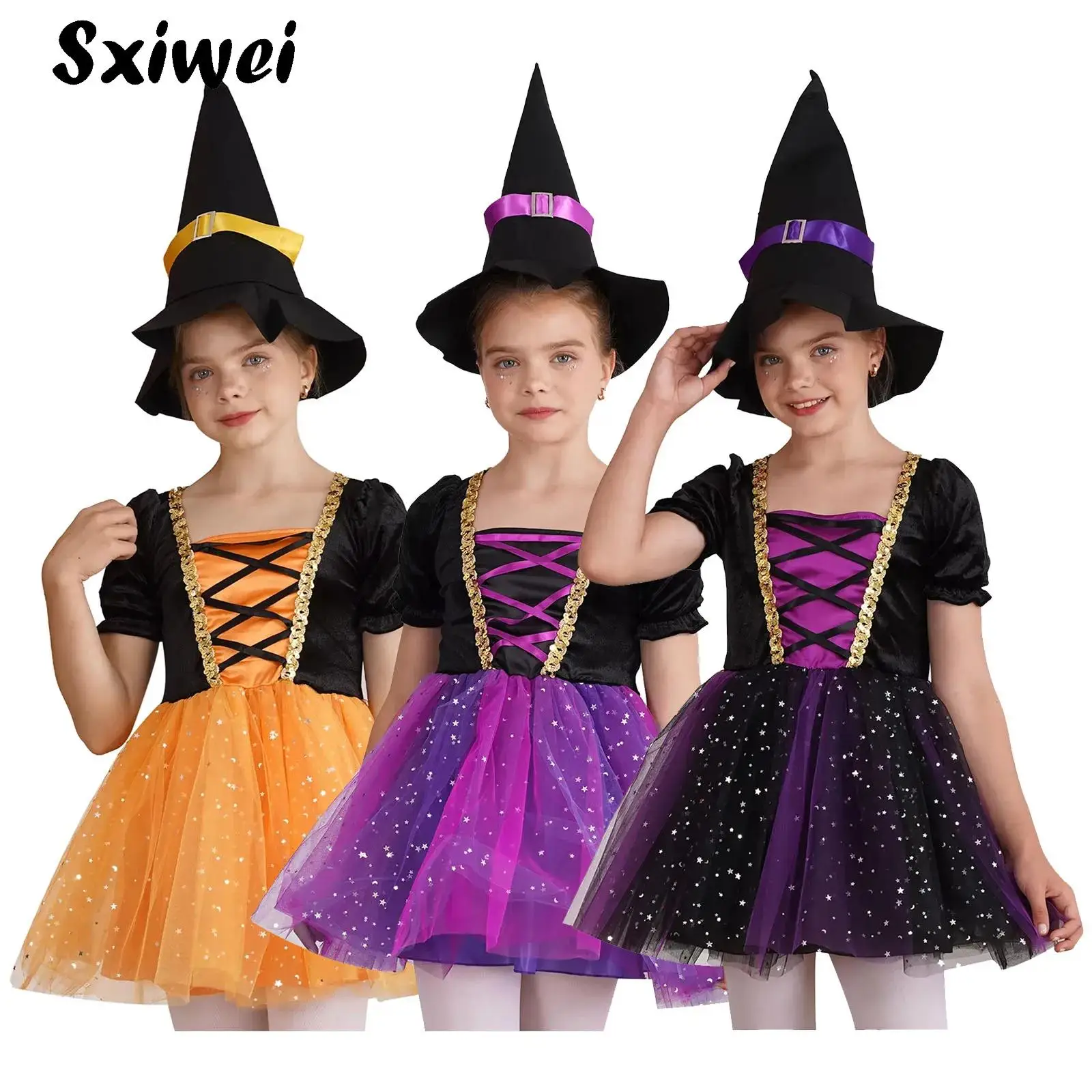 

Glittery Mesh Tutu Halloween Witch Dress Costume for Toddlers Cute Girls Carnival Party Dress Up Witch Outfit with Pointed Hat