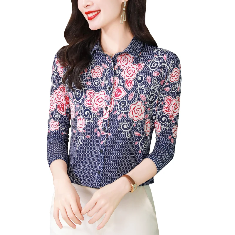 Fashion Elegant Women Silk Blouse 2024 Long Sleeve Chic Printed Slim Women Basic Tops Stretch Women Office Shirts Blusas Mujer