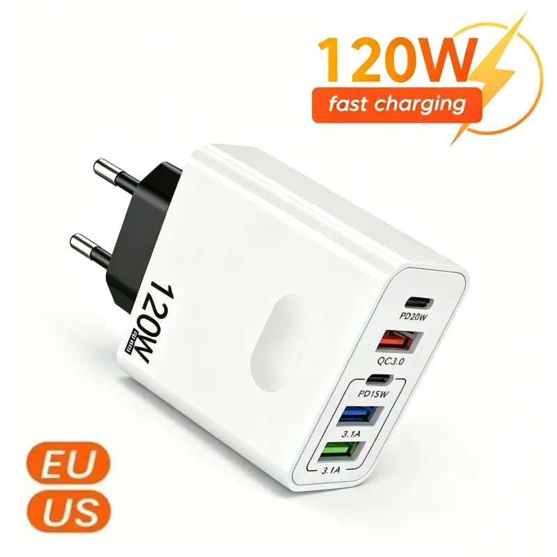 120W 5 Port USB Type C Charger Fast Charging Data Cable USB Phone Charger Adapter for Samsung iPhone Xiaomi Huawei Wall Charger
