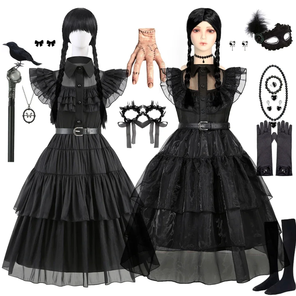 Addams Costumes Girls Birthday Princess Costume Black Fancy Kids Halloween Carnival Dancing Party W-Wednesday Dress for Girls