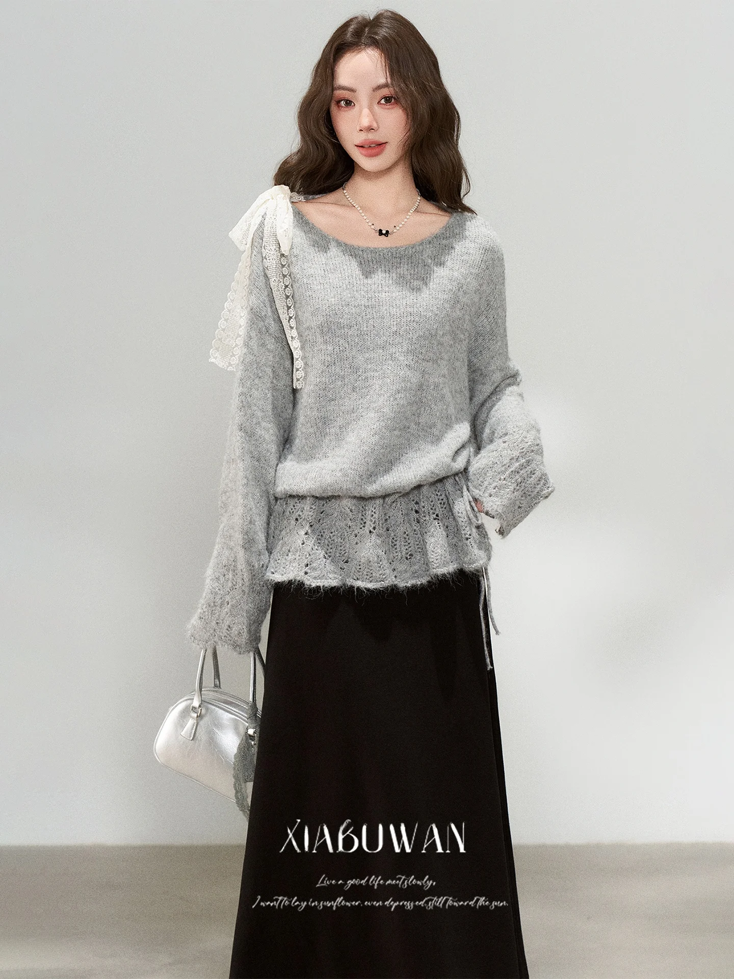 

Женский шикарный вязаный топ с бантом и юбкой с высокой талией, комплект для осени и зимы, модная повседневная рабочая одежда, комплект из двух предметов