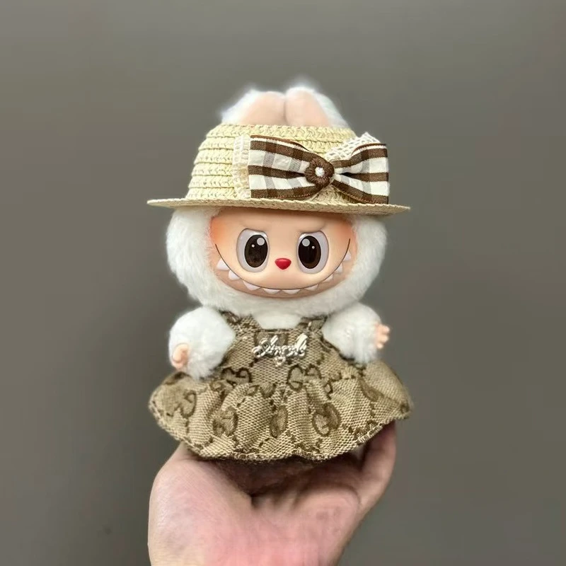 17 سنتيمتر ملابس دمى الدائمة قلادة Labubu دمية استبدال مجموعة لطيف قوس قزح أعلى بالإضافة إلى قبعة الوردي مناسبة لمجموعة ملابس Labubu