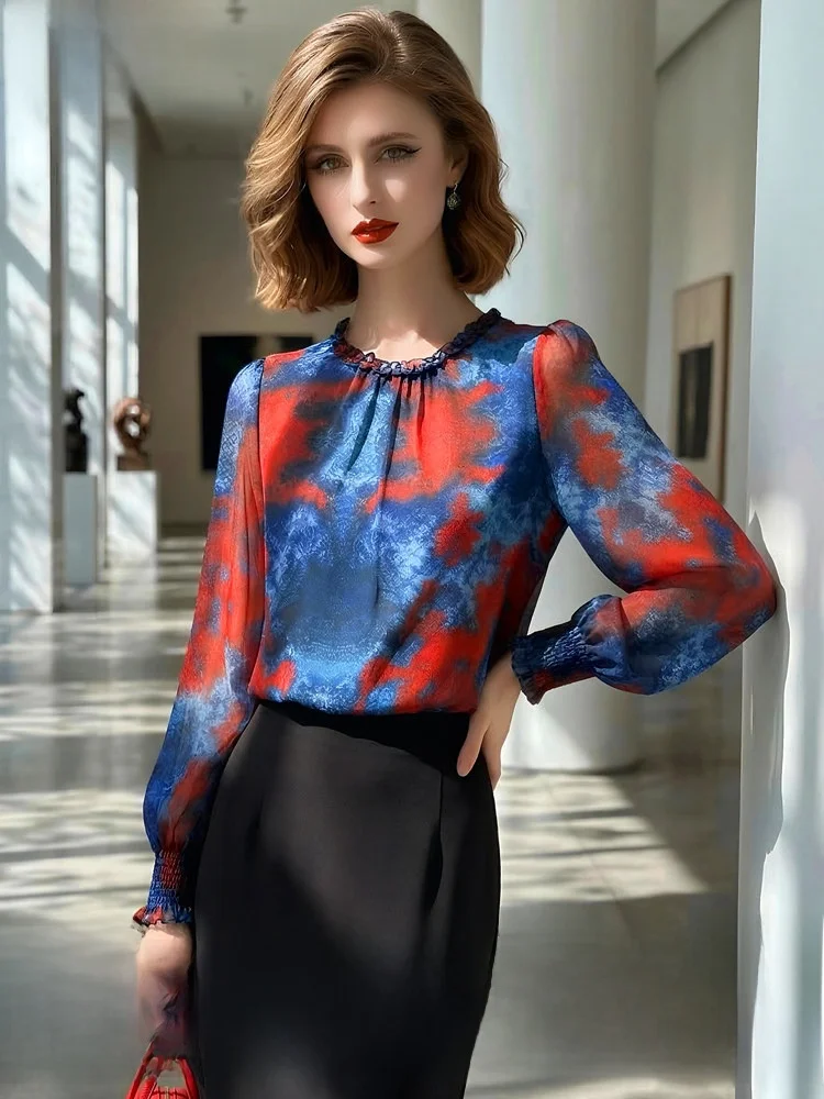 

Unique Wooden Printed Tie Dye Shirt Women's Long Sleeve Spring Summer New Design Casual Style Polyester Fiber round Neck