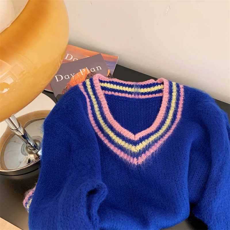 Maglione pullover a maniche lunghe con scollo a V blu da donna Harajuku anni 2000 Y2k stile coreano autunno e inverno nuovo maglione morbido e pigro