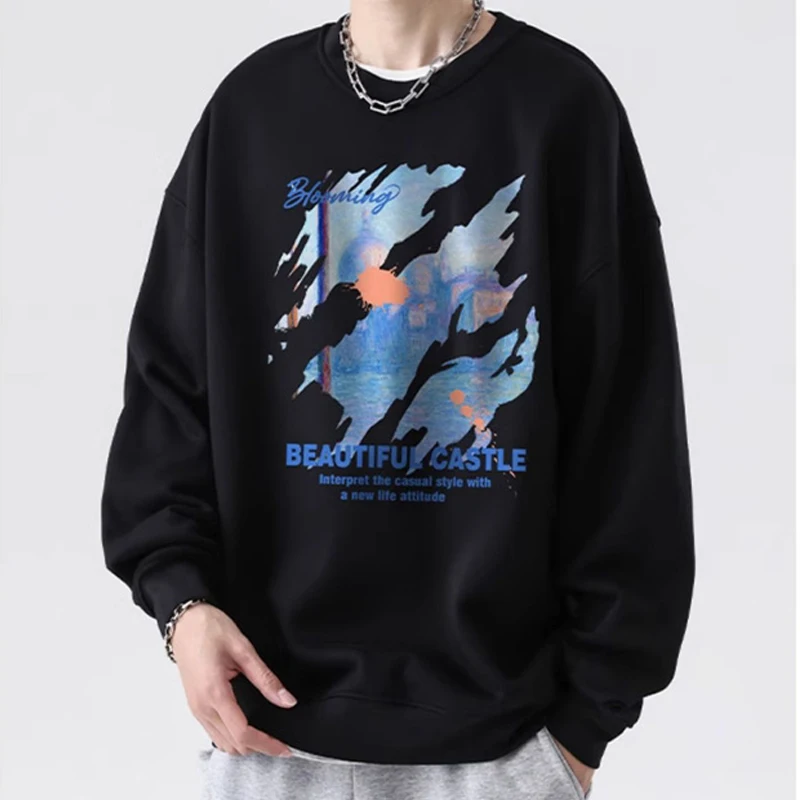 Landscape Graphic Print Cotton Sweatshirt For Men Autumn Streetwear Letter New in Sudaderas y2k Oversized Hip Hop Fashion Hoodie