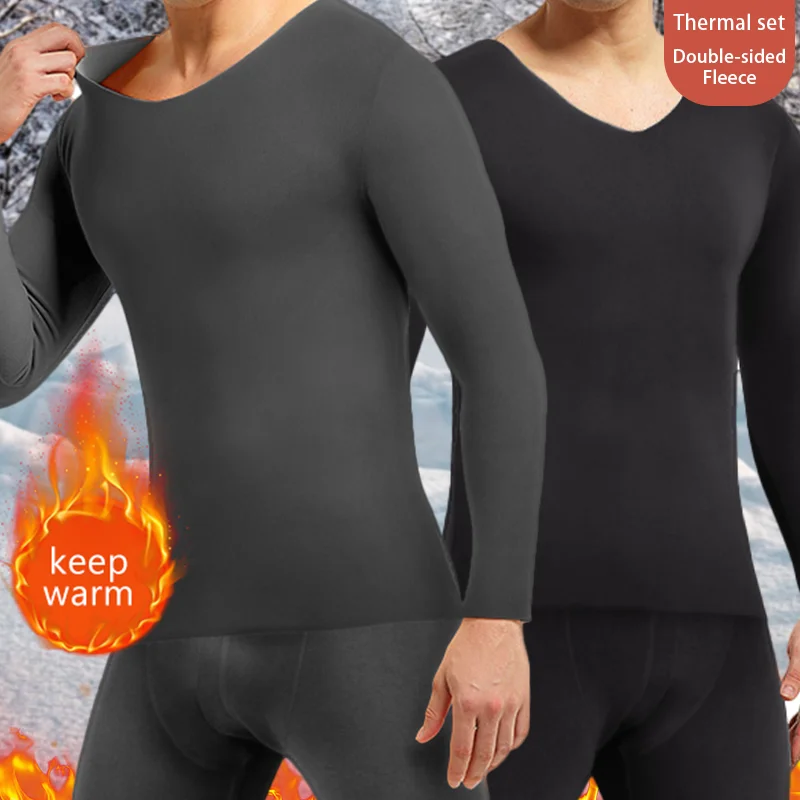 Winter Heren Thermisch Ondergoed Set V-Hals Lange Onderbroek Dubbelzijdige Geborstelde Stof Comfortabele Boven-En Onderkant Warme Zachte Kleding Pyjama