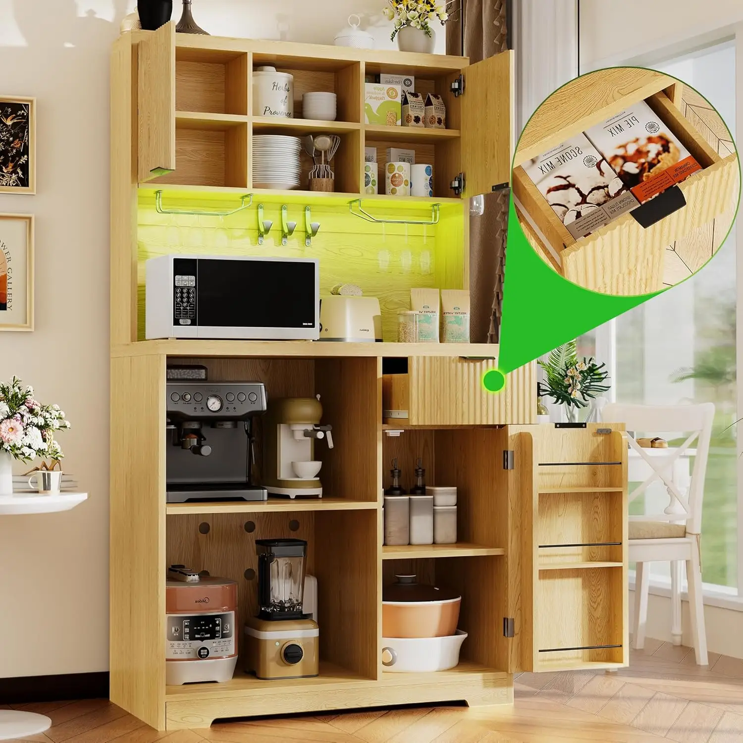 Armário de Café com Mini Geladeira, Armário de Madeira de 72 Polegadas de Altura com Mini Geladeira e Armazenamento, Luz RGB, Suporte para Copos, Personalizável