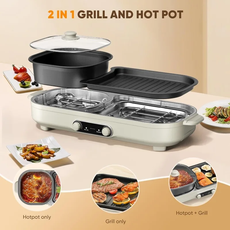 SEAAN Hot Pot Electric with Grill - Korean BBQ Grill Indoor and Shabu Shabu Pot, Removable Hotpot Pot & KBBQ Grill,- Non-Stick