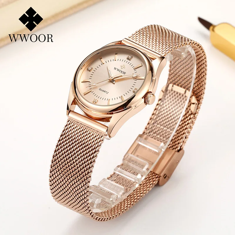 WWOOR 2023 Casual Women Dress Rose Gold Mesh Belt  Fashion Diamonds Wristwatch Waterproof Simple Female Quartz Watch Reloj Mujer