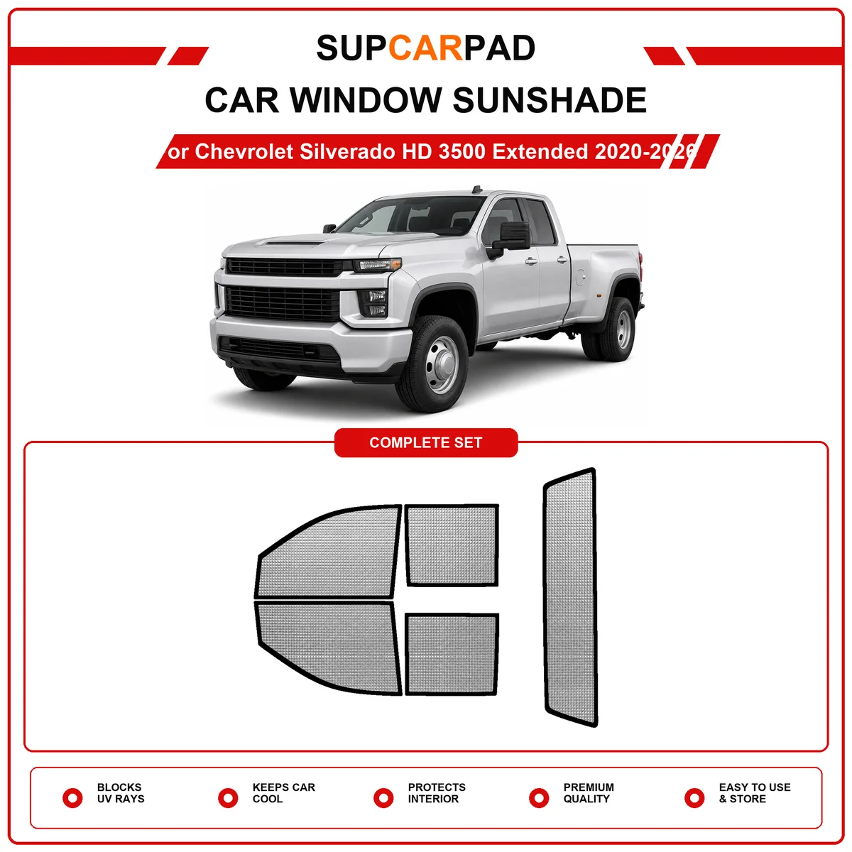 For Chevrolet Silverado HD 3500 Extended 2020-2026 Pre‑Cut Auto Window Sunshade Anti‑UV Car Sun Visor Protector