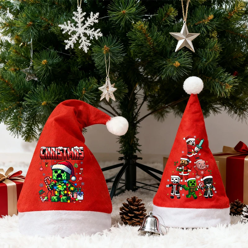 

Pixel Game Theme Xmas Cap Adults Children Minecrafted Christmas Hat New Year Party Supplies Dress-Up Cute Decoration Prop Gifts