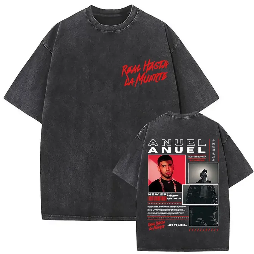 

Washed Vintage Rapper Anuel AA Real Hasta La Muerte Tour T Shirt Men Women Hip Hop Oversized T-shirts Men's Fashion Streetwear