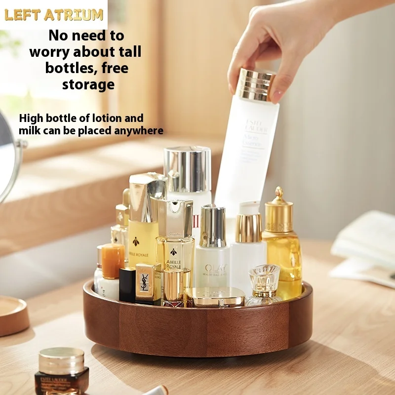 Solid Wood Rotating Makeup Storage Tray | Vanity Desk Organizer | Skincare, Lipstick & Perfume Rack