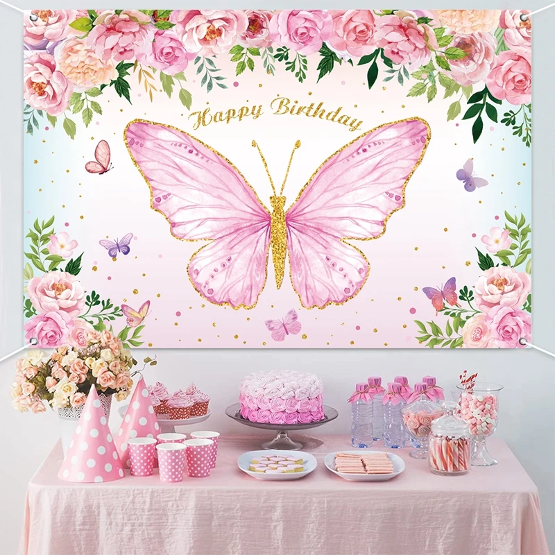 Pink Butterfly Flower Happy Birthday Background Baby Shower Girl Birthday Party Scene Decoration Banner Photography Background